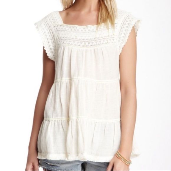 Free People Crochet Trim Linen Tiered White Tank Top Medium NWOT - Picture 6 of 6